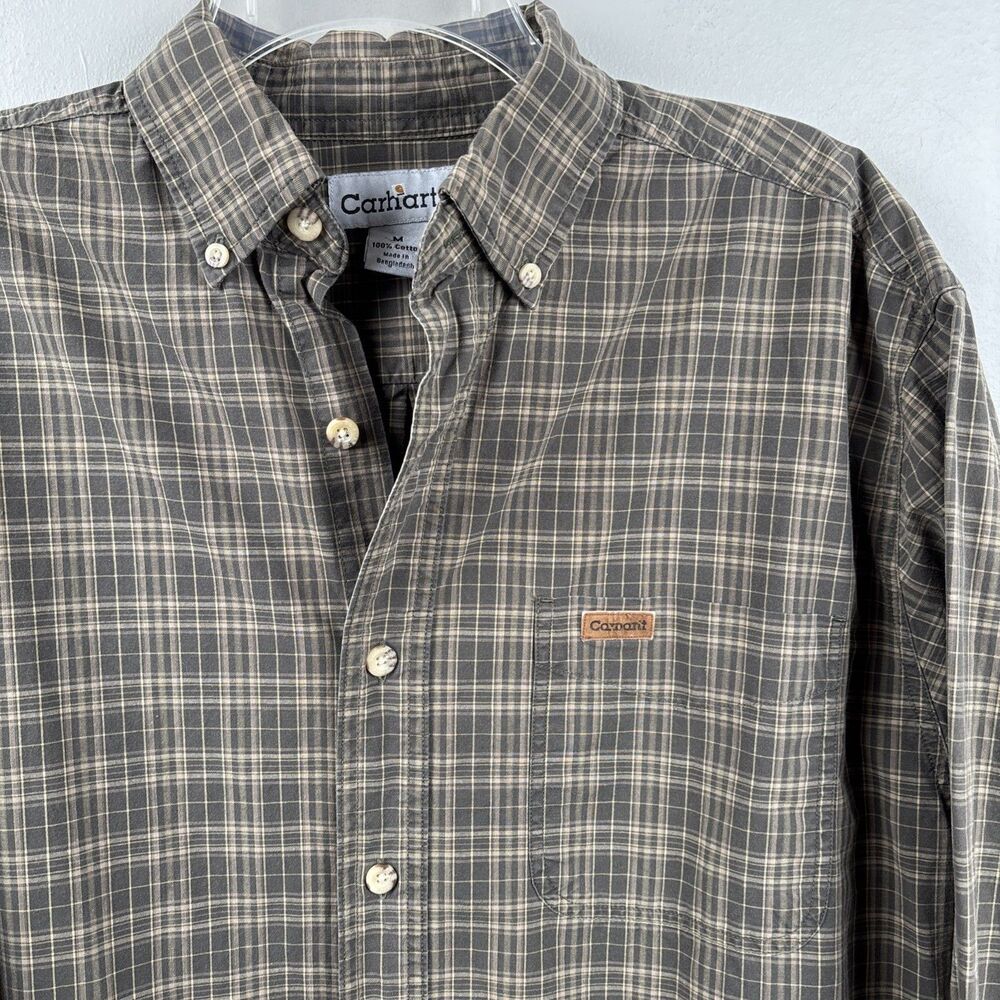 Carhartt Men Medium Olive Green Plaid Long Sleeve Button-Up w/ Leather Logo Tag - Picture 1 of 11